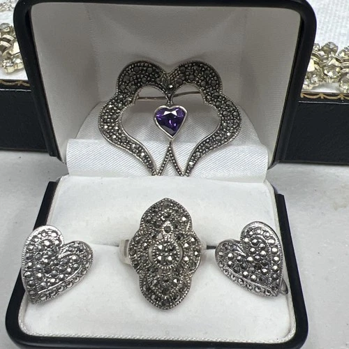 Vintage Sterling Silver Amethyst Double Heart Marcasite Brooch Pin Earrings Ring