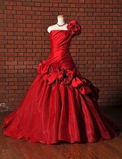Red Vintage Evening Gowns Gorgeous 3D Floral Satin Lace A-line Prom Dresses