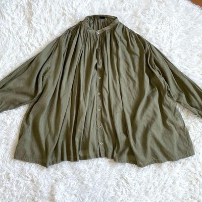 ICHI / ICHI Antiquites Cotton Linen Band Collar Blouse Gathered Khaki Exc