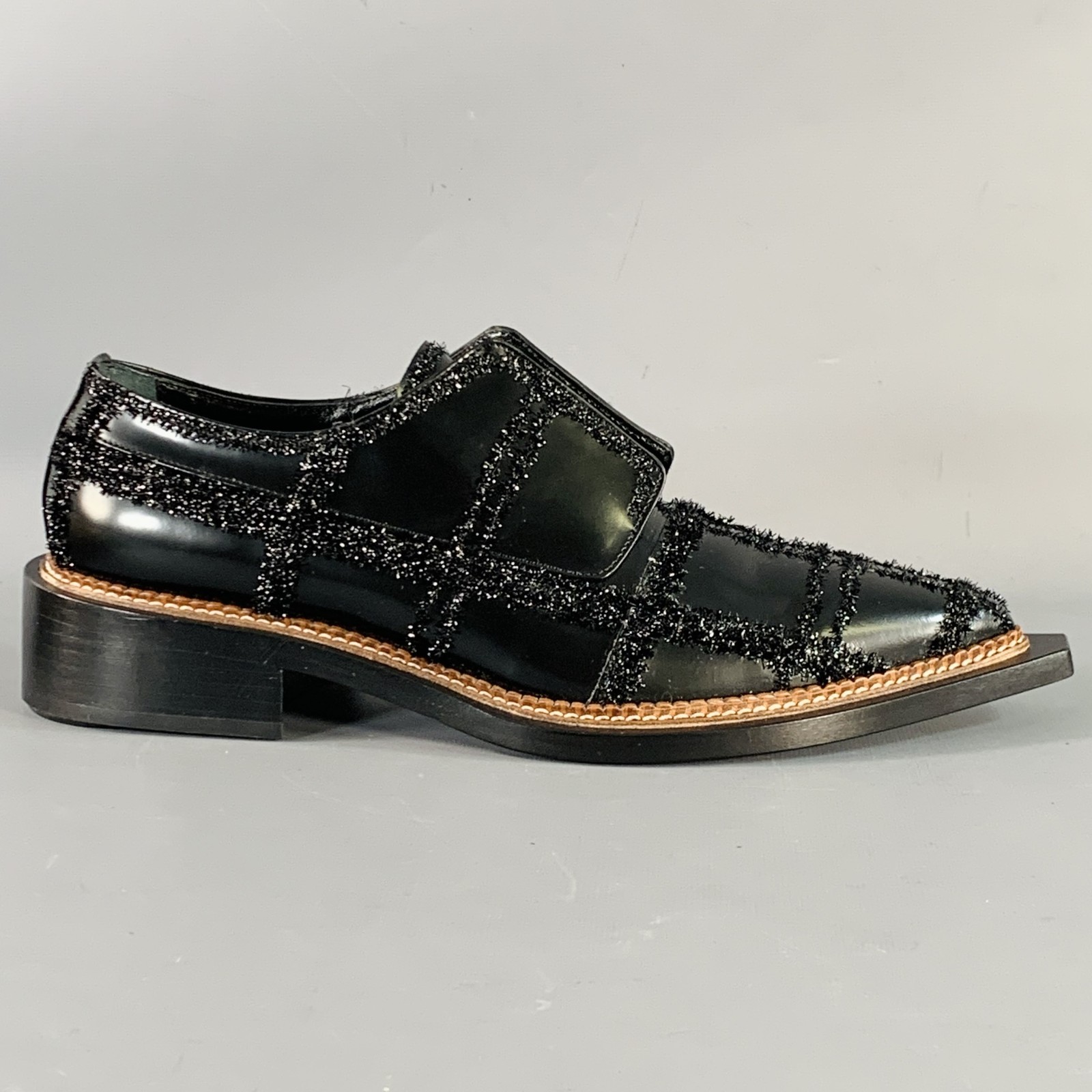SIMONE ROCHA Size 8 Black Tinsel Embellishment Leather Slip On Loafers image 2