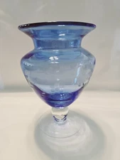 Tiffin Blue Etched Floral Footed Blown Glass Vase w/ Ball Stem & FTD sticker