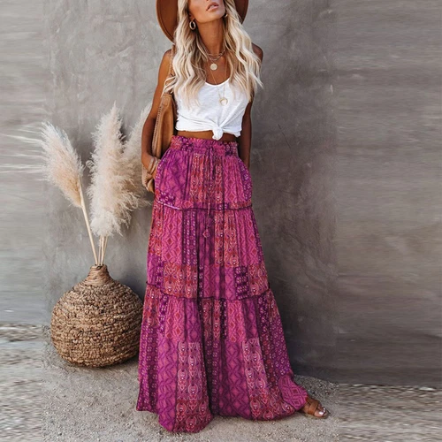 Bohemian Rock Patchwork Langrock Boho Ethno Print Maxi Retro A-Linie Plissee - Bild 20 von 40