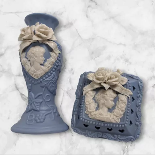 Vintage Blue Jasperware Ceramic Cameo  Keepsake Box And Candle Stick 2 Peices