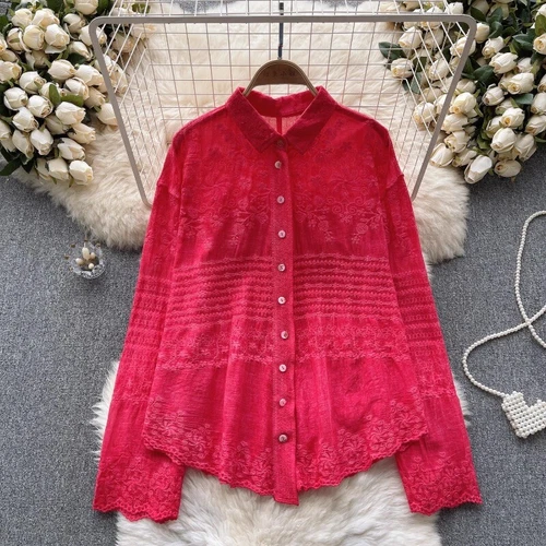 Lady Blouse Shirt Top Lace Floral Embroidery Button Ethnic Long Sleeve Basic New - Picture 23 of 31