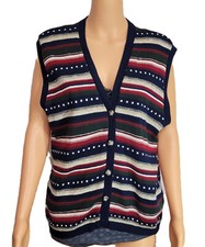 Vintage 90s Womens L Button Up Vest Striped Sweater Cardigan USA Made