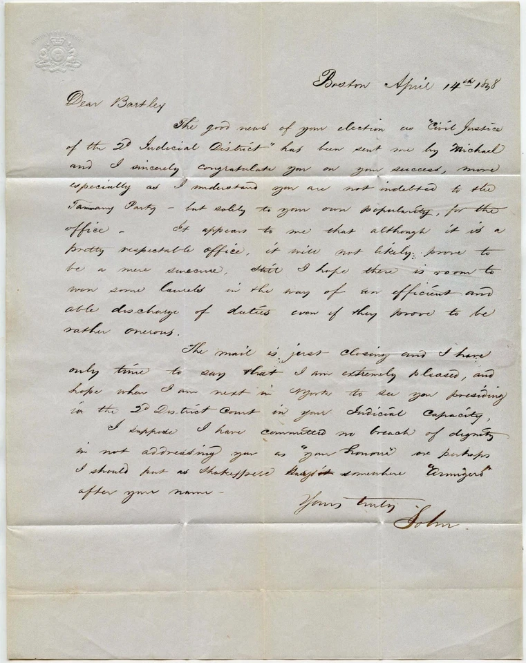 USA 1848 BRIEF RE BARTHOLOMEW OCONNOR CIVIL JUSTICE NY..BOSTON EXPRESS MAIL - Bild 3 von 3