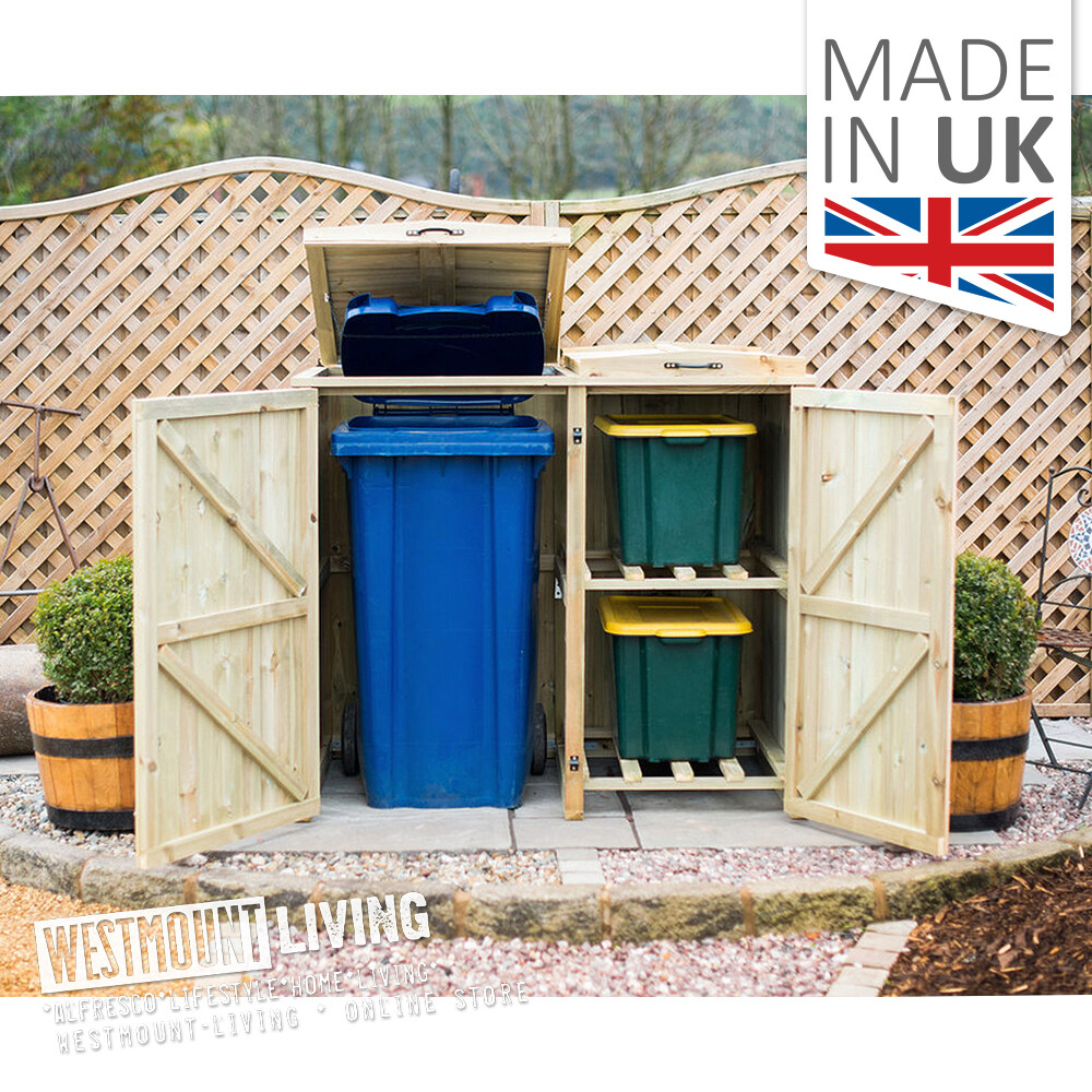 SINGLE DOUBLE TRIPLE + RECYCLING BOX WOODEN WHEELIE BIN STORE STORAGE