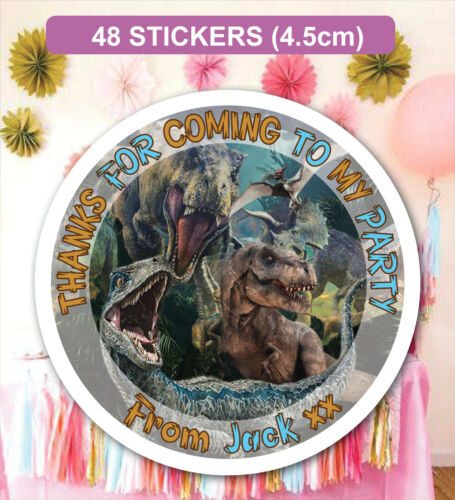 24 Glossy Personalised Birthday Stickers Labels Thanks For Coming Dinosaur Seal - Picture 1 of 2