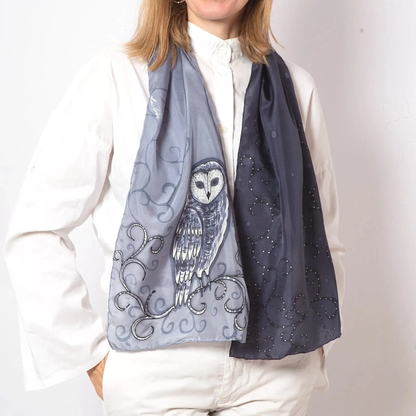 Owl Print Hand Painted Silk Scarf Owl Scarf Grey Bird Scarf Gift for Her 54X14