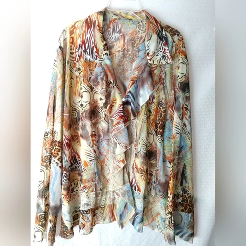 Boho Animal Print Blouse Ruffle Front Long Bell Sleeves Brown Blue Plus