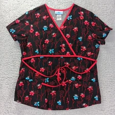 SB Scrubs Scrub Top Womens Small Black Red Floral Belted Splice V-Neck Medical