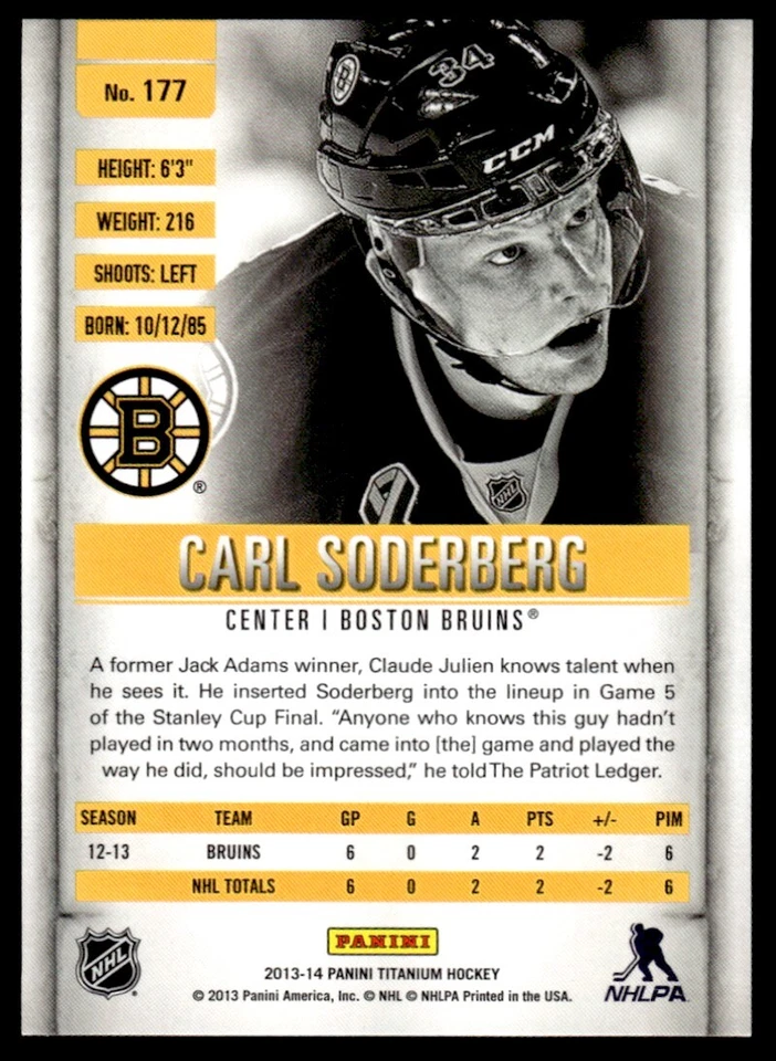 2013-14 Panini Titanium ROOKIE CARL SODERBERG Rookie /299 Boston Bruins #177 - Image 2 of 2