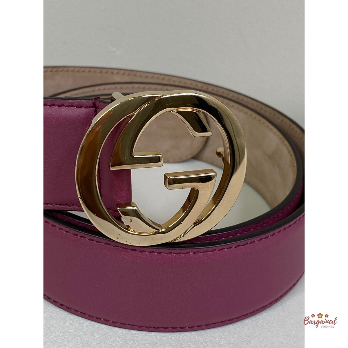 値下げ！GUCCIベルト　ピンク85センチ Authentic Gucci Dark Pink Leather Gold G Logo Buckle Belt