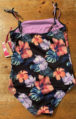 NWT JUSTICE Retro Surf 1 Pc girls Tie Strap Black Tropical UPF 50 sz.XL(16-18) - Picture 3 of 4