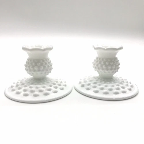 Pair of Fenton White Milk Glass Hobnail Short Taper Candle Holders Vintage
