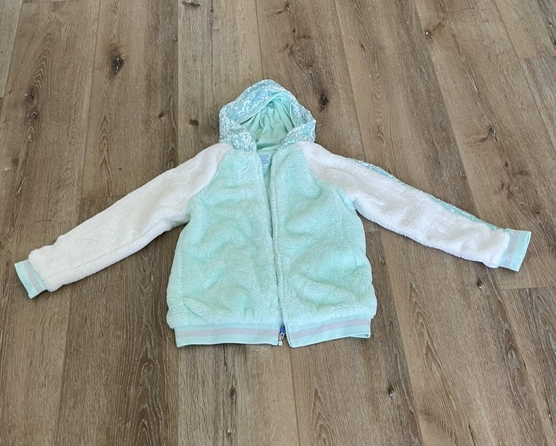 more than magic teal green,white faux fur,sequence hoodie,gorls size L 10/12