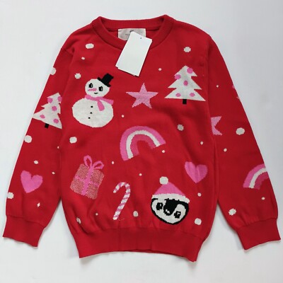 NWT H&M Girls Red Holiday Jacquard Knit 100% Cotton Sweater Sizes 3/4T,  5T/6
