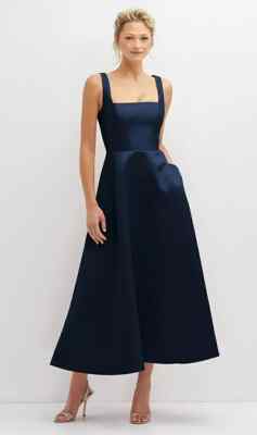 Dessy Collection Square Neck Satin Midi Dress with Full Skirt & Pockets - 3140 - Blue - 14