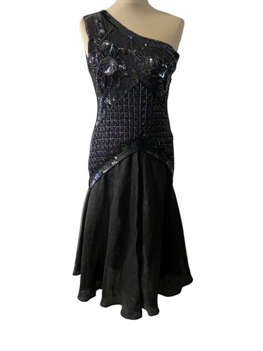 Women's Vintage 80's one shoulder dress | Black silk with sequins | Size S