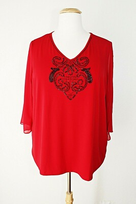 SUSAN GRAVER Knit Top Sz. 2X Red Beaded Chiffon Angel Sl. Fairy Casual Party #03