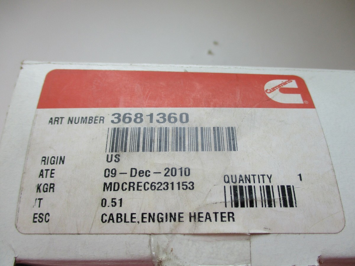 CUMMINS GENUINE PARTS, HEATER CABLE FOR ENGINE, P/N 3681360 | eBay 