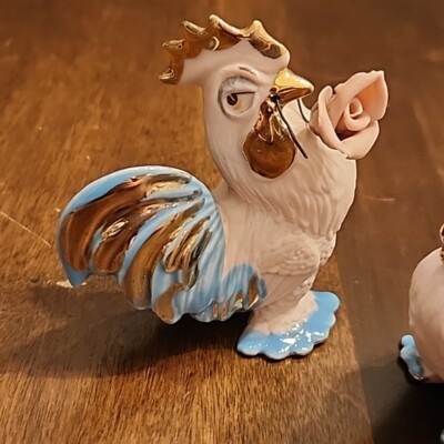 Walker Hagen Renaker Pink Gold Bisque Rooster Rose Figurine Hen