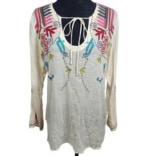 Johnny Was Biya Embroidered Boho Peasant Tunic Top Cream Multicolor Tie Neck S