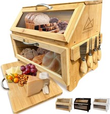 Extra Large Bread Box W/ Cutting Board & Knife Set 7 Piece Set Bamboo Breadbox