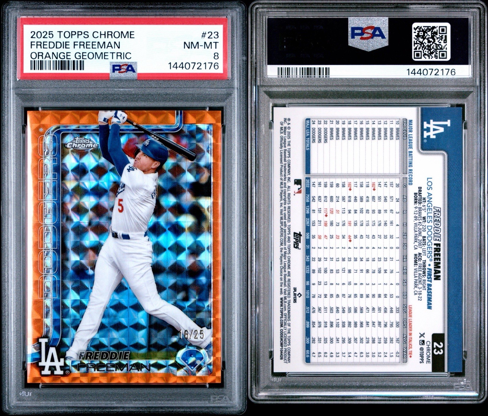 2025 Topps Chrome - Freddie Freeman #23 Orange Geometric Refractor /25 PSA 8 view 3