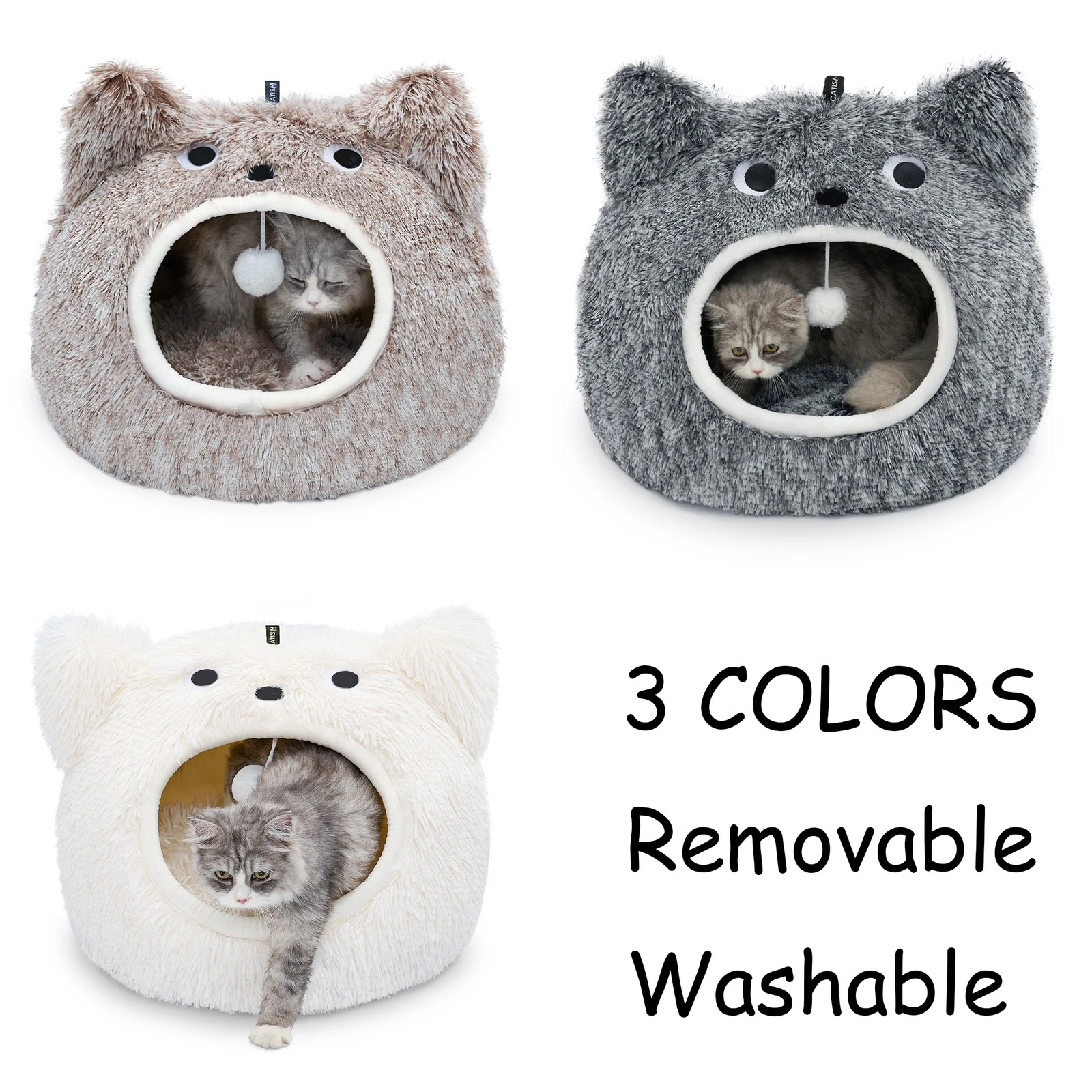 CATISM Cat Bed Soft Plush Removable Pillow Non-Slip Base Pet Dog Cave Nest 50/60