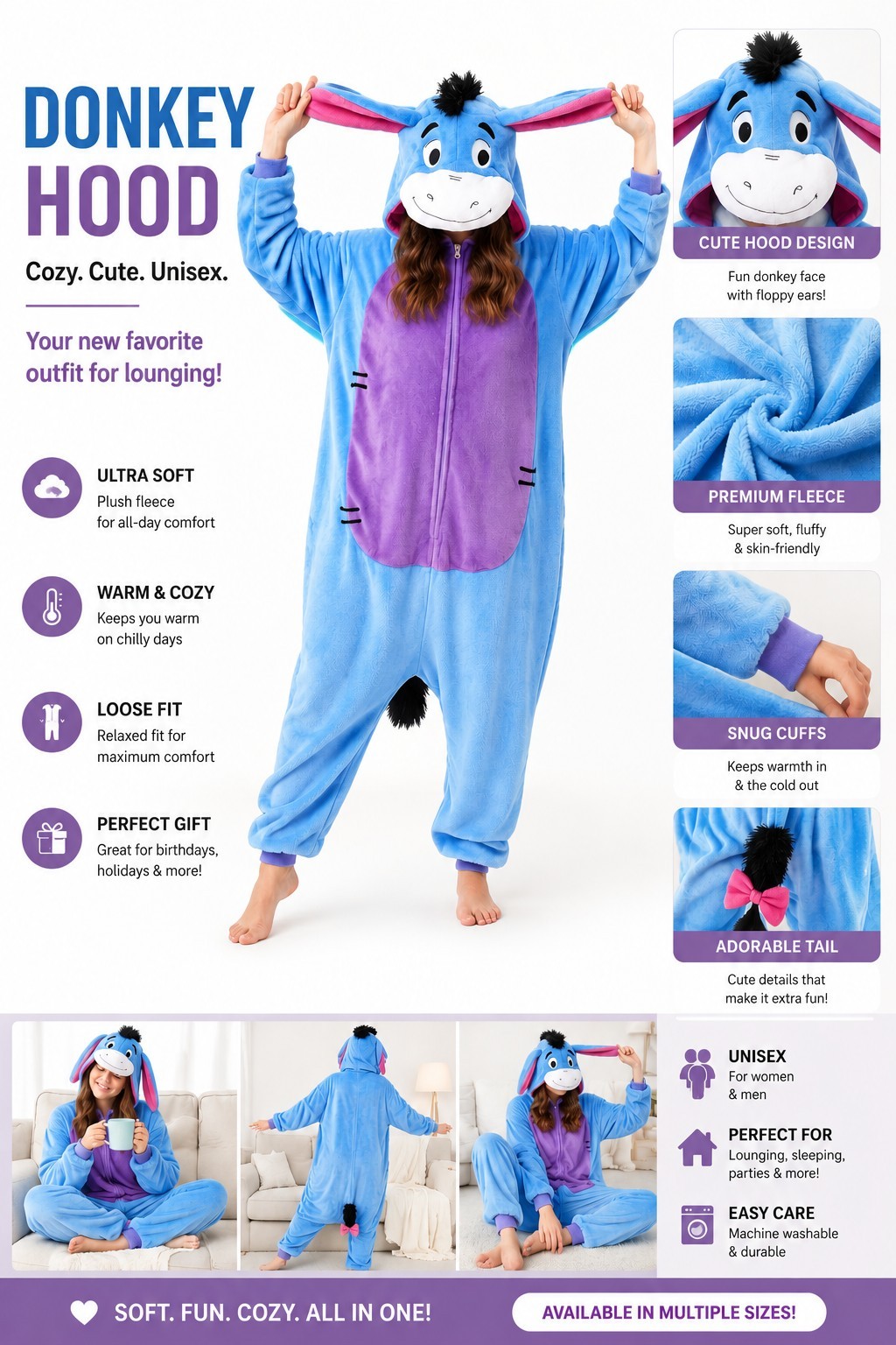Adult Plush One Piece Pajamas Animal Cosplay Costume for Women Men Teens