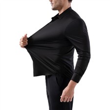 Mens Slim Fit Formal Shirt Super Stretch Long Sleeve Plain Work Wear Collared