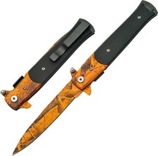 Spring-Assist Folding Pocket Knife 3.25in Stiletto Blade Orange Camo Black