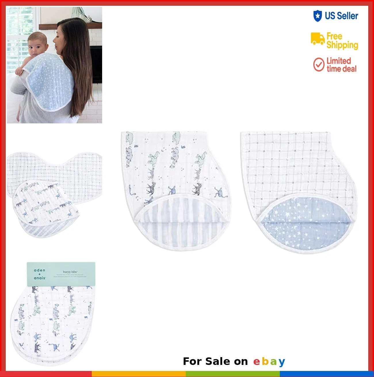 Cotton Muslin Burpy Bib 2-Pack 4-Layer Absorbent Burp Cloth Snap Closure Baby