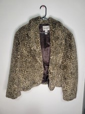 Chicos Women  s Brown Faux Cheetah Fur Animal Print Crop Mob Wife Jacket Size 3