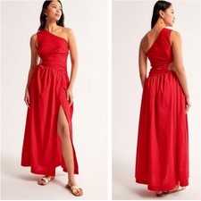 Abercrombie Red Cotton Poplin One Shoulder Dress Front Slit Side Cut Out LP