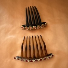 Set of 2 Black/Brown Plastic Decorative Hair Combs with Rhinestone Accents