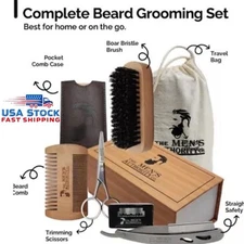 Beard Kit for Men, Beard Grooming Kit Boar Bristle Brush, Comb, Razor, Bag, Box