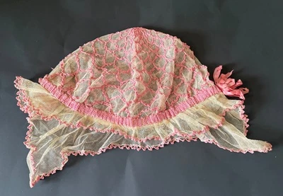 Antik 20er Jahre rosa Spitze Boudoir Mütze Vintage Flapper Seide Netz Bettnetz Haube - Bild 1 von 4