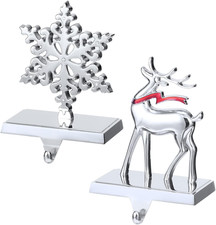 Christmas Stocking Holders, Set of 2 Snowflake  Reindeer Silver Stocking Holder
