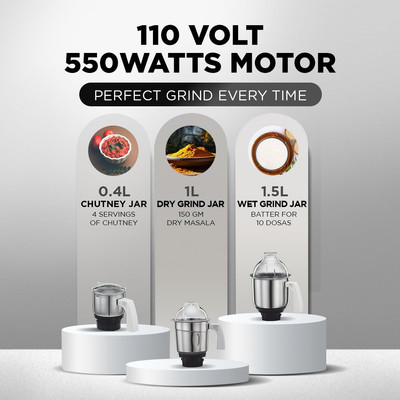 Preethi Eco Plus MG-138 110V, 550 Watt Mixer Grinder with 3 Jars