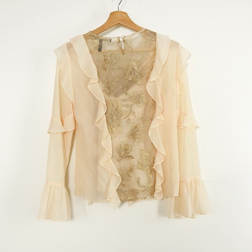 BCBG Max Azria Women’s XS Cream & Gold Floral Chiffon Long Flutter Sleeve Top - Afbeelding 2 van 3
