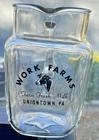 Vintage 7" tall Work Farms clear glass Milk Pitcher w cow pic, Uniontown PA