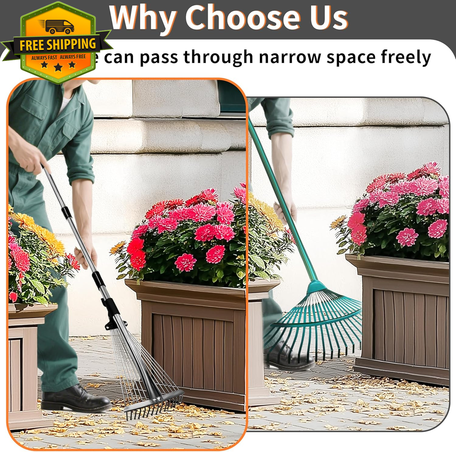 Heavy Duty Adjustable Garden Leaf Rake 33"-69" – Expandable Head 8"-15 Lawn Tool