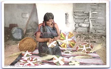 Postcard AZ A Hopi (Moki) Basket Weaver Practicing Her Craft J7