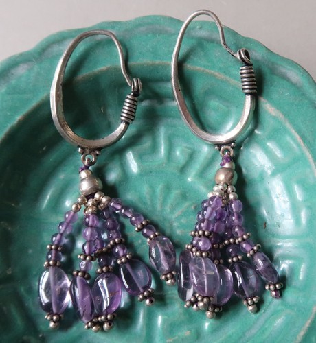 Vintage 7.5cm Long Sterling Silver Amethyst Dangle Earrings - Picture 2 of 6
