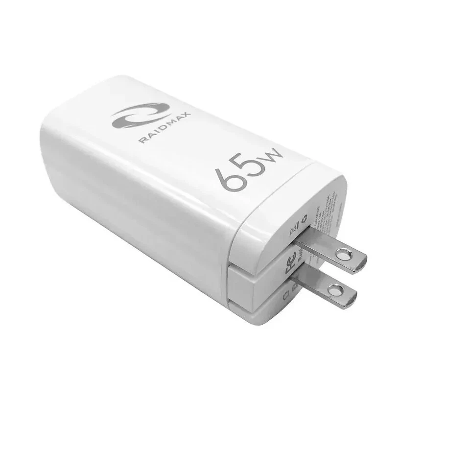 Cargador rápido rápido de 3 puertos RAIDMAX 65W GaN USB-C QC PD 3.0 adaptador de pared de alimentación Foto 3 de 4