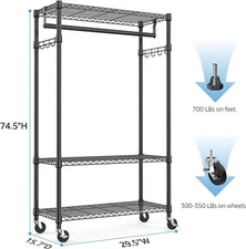 MZG Heavy Duty Clothing Garment Rack Closet Organizer Rolling Black Shelves 75in