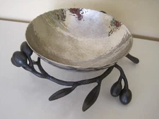 MICHAEL ARAM Hammered Silver Finish Metal Bowl 5" Dia Cast Iron OLIVE BRANCH