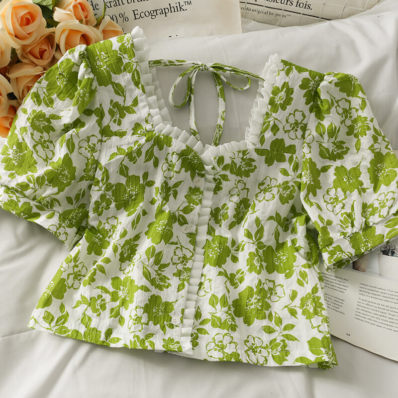 Girl Floral Tea Blouse Top Shirt Short Puff Sleeve Cute Lolita